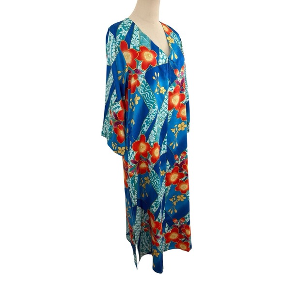 Natori Blue Mikoto Zip Front Kaftan Nightgown Dress Sz S Floral Kimono Style - Picture 3 of 8